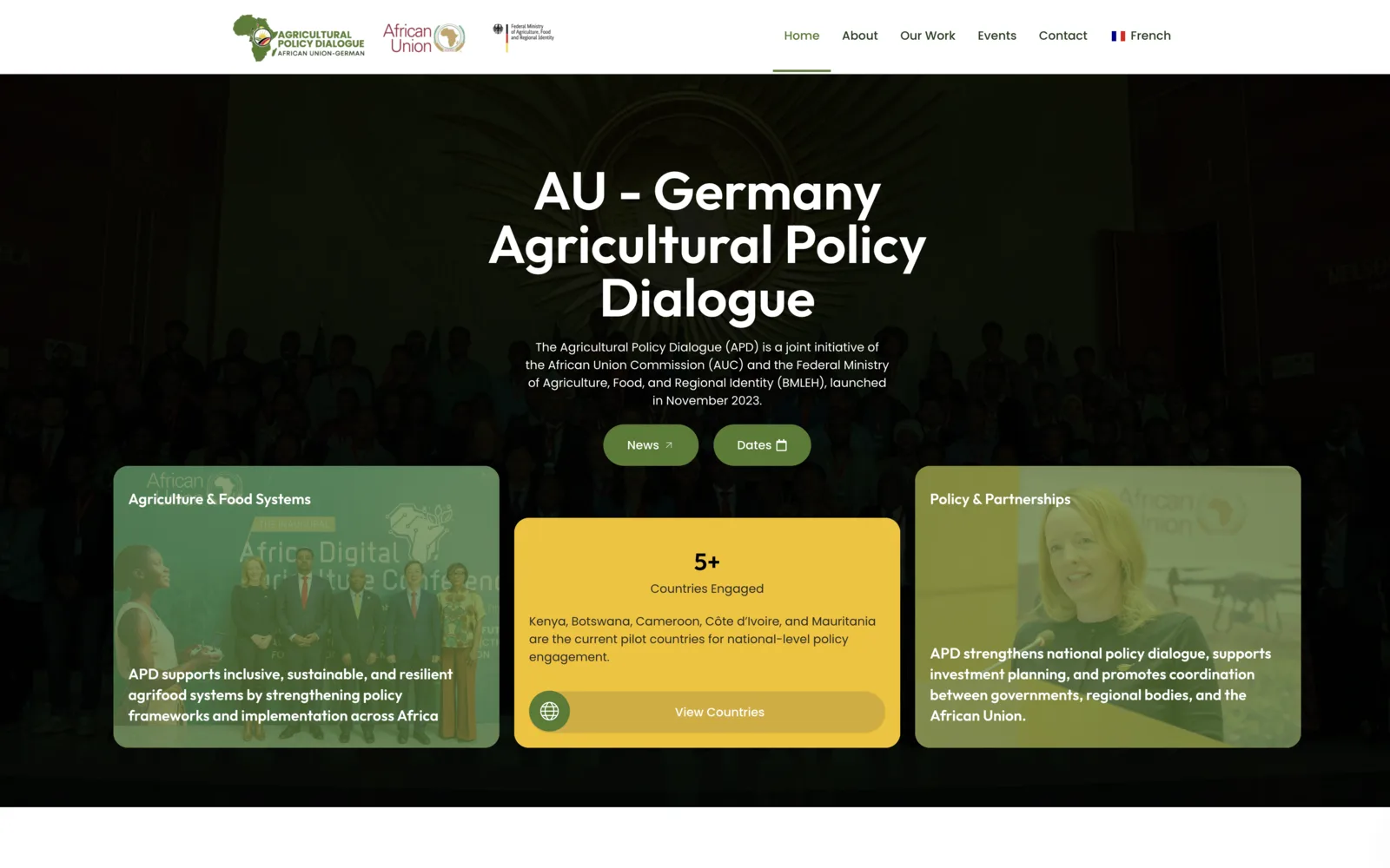 AU–Germany Agricultural Policy Dialogue homepage showing the initiative statement and bilingual navigation