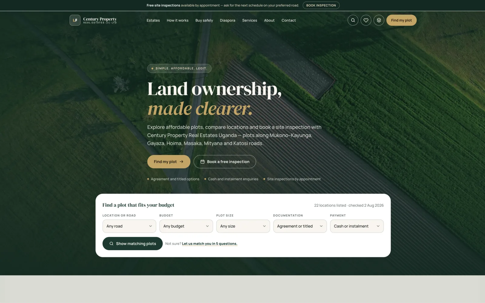 Century Property homepage showing searchable plot listings with location filters and the instalment estimator