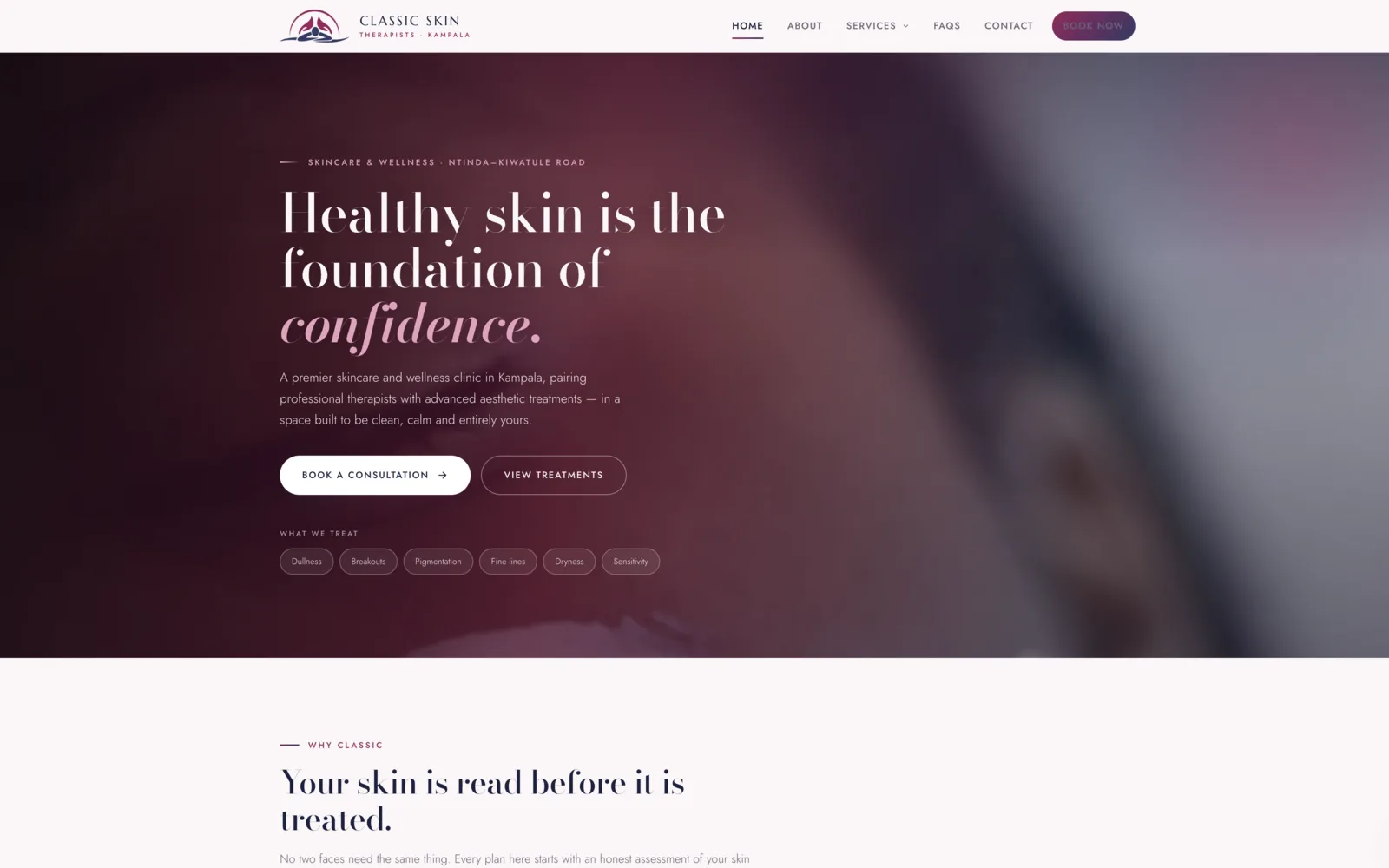 Classic Skin Therapists homepage in a light editorial layout with serif headlines and the treatment menu