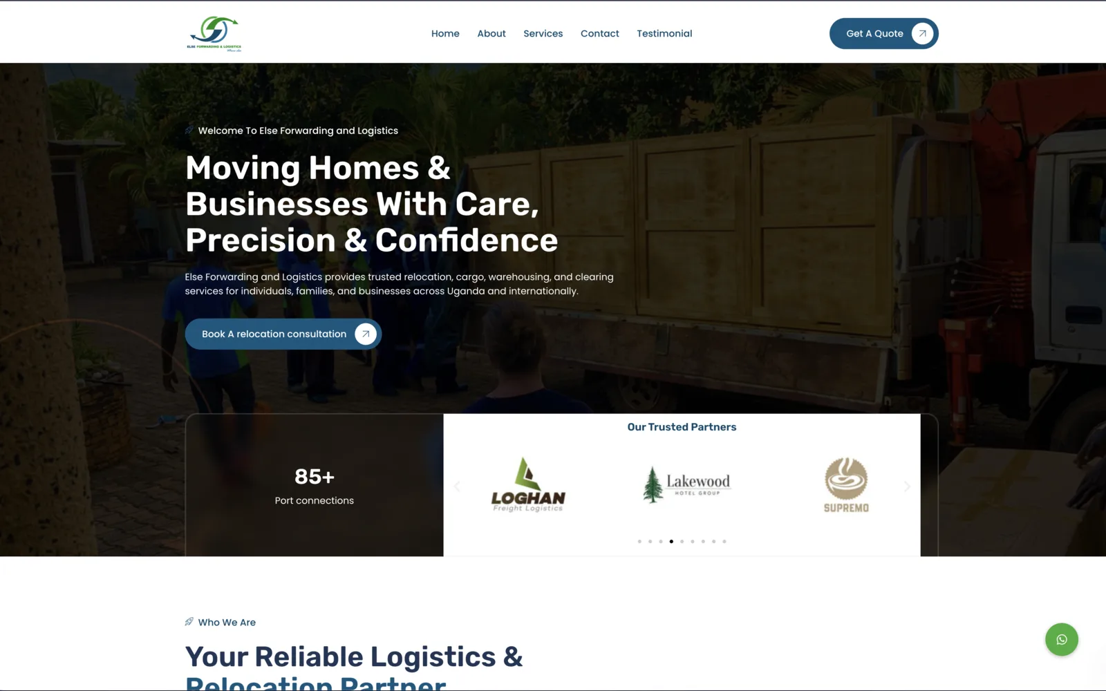 Else Forwarding homepage showing the relocation hero and the five-stage process explanation