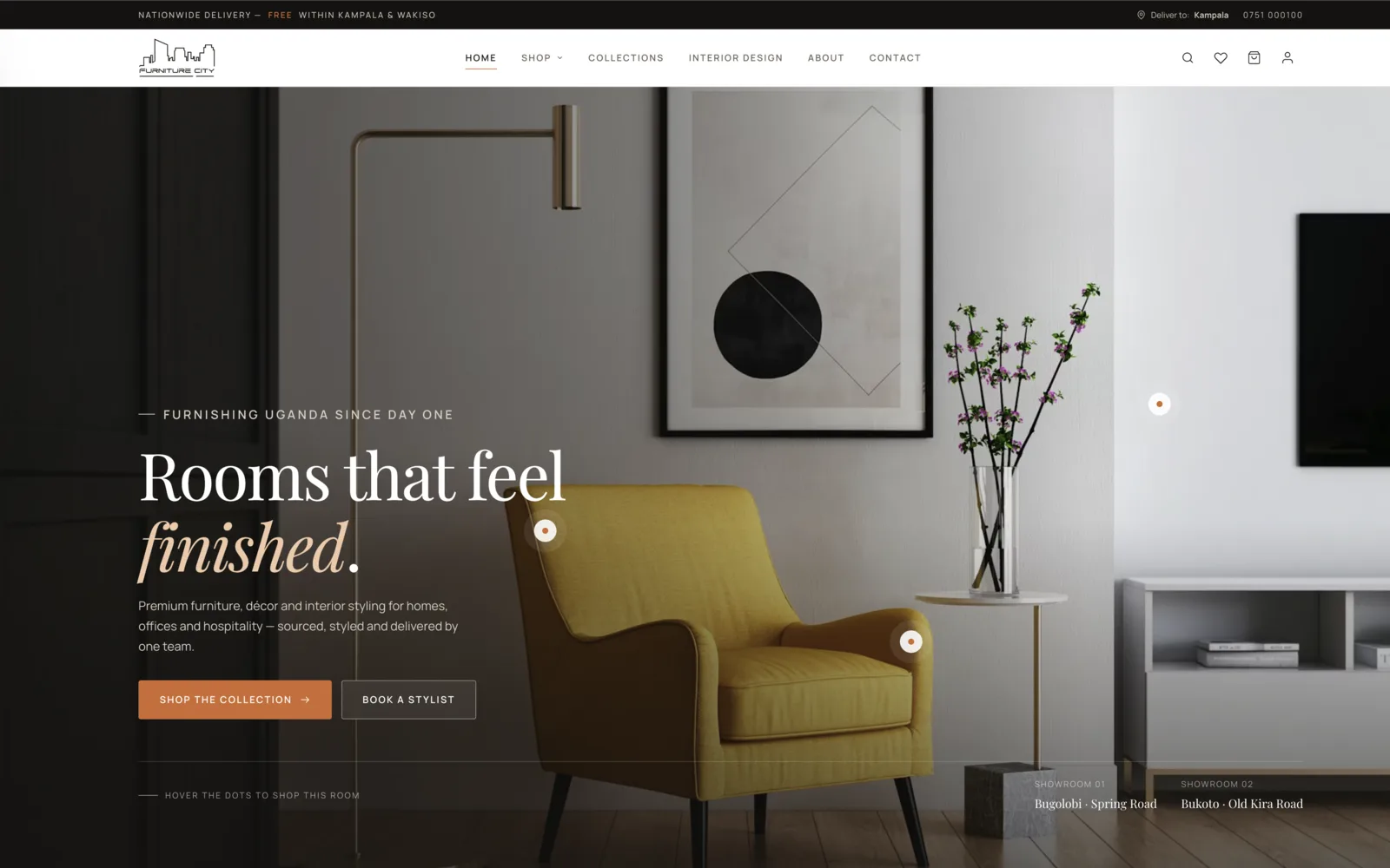 Furniture City Uganda homepage showing a styled interior hero above the product catalogue grid
