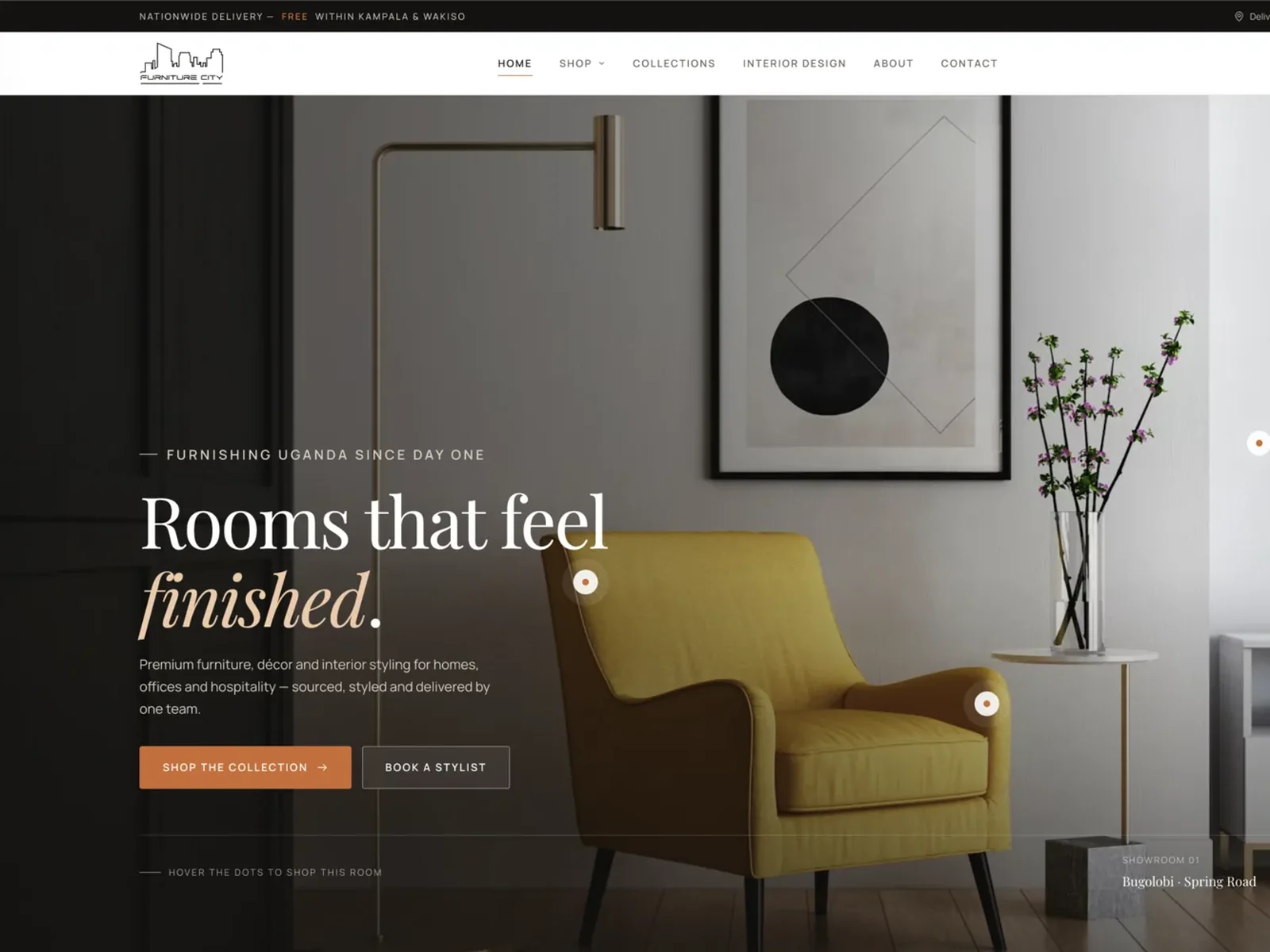Furniture City Uganda homepage showing a styled interior hero above the product catalogue grid