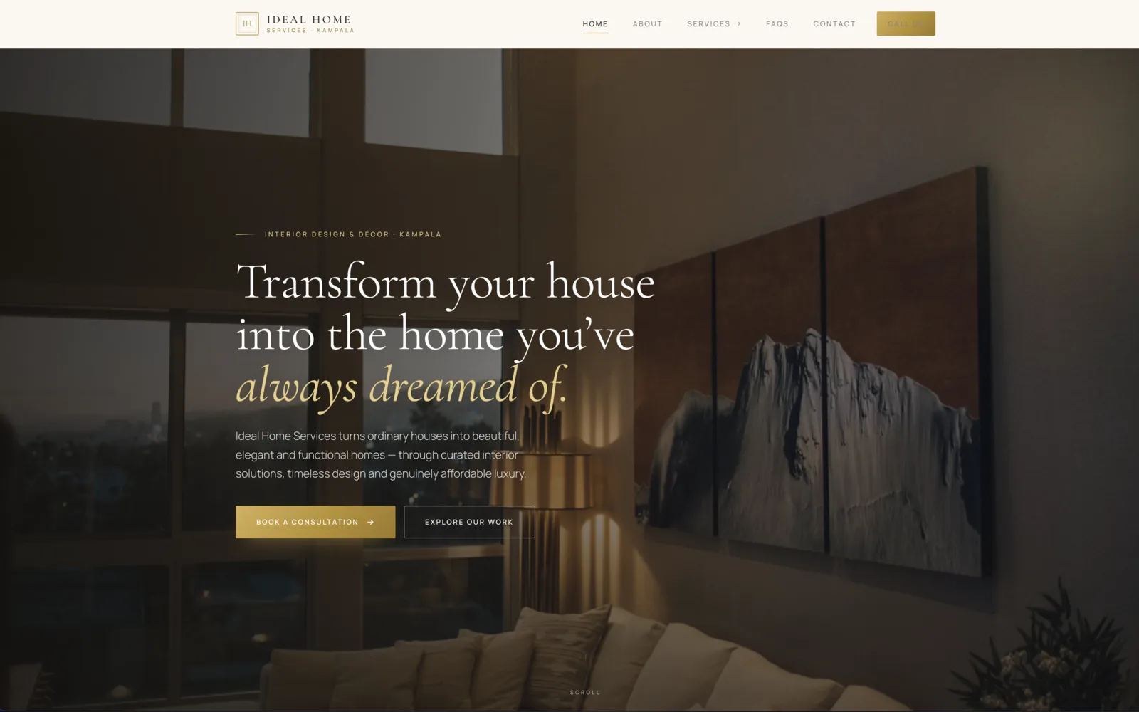 Ideal Home Services homepage showing a full-width interior photograph and the room-by-room service navigation