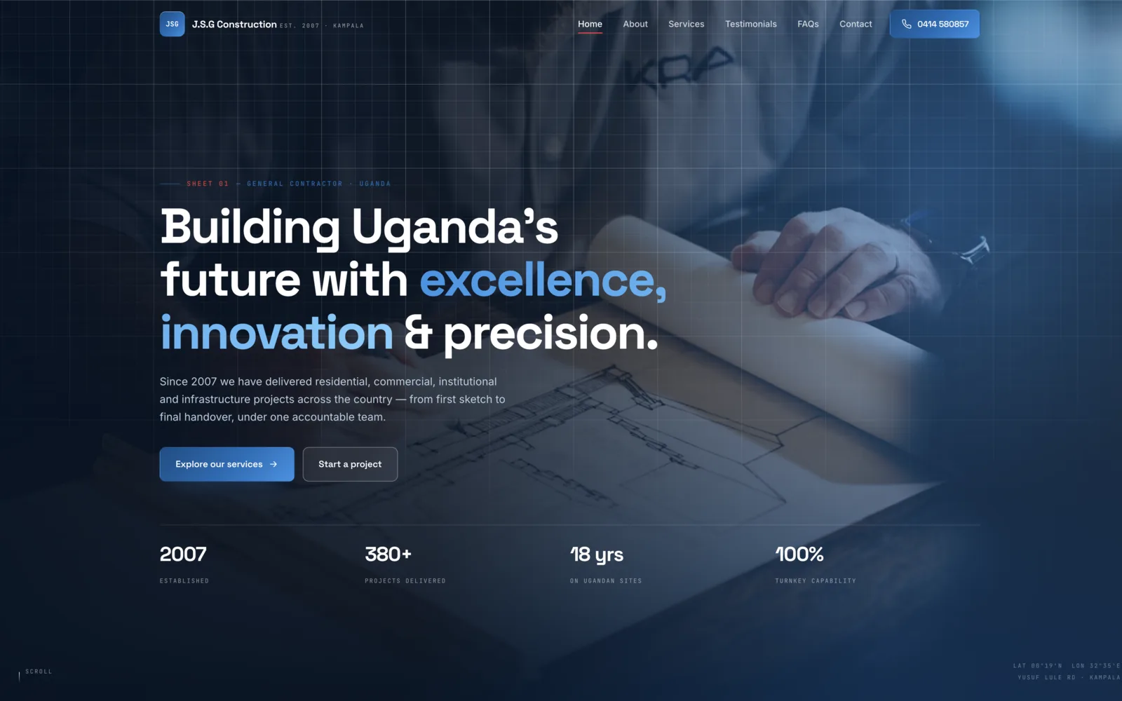 J.S.G Construction homepage showing the capability statement above the project portfolio grid
