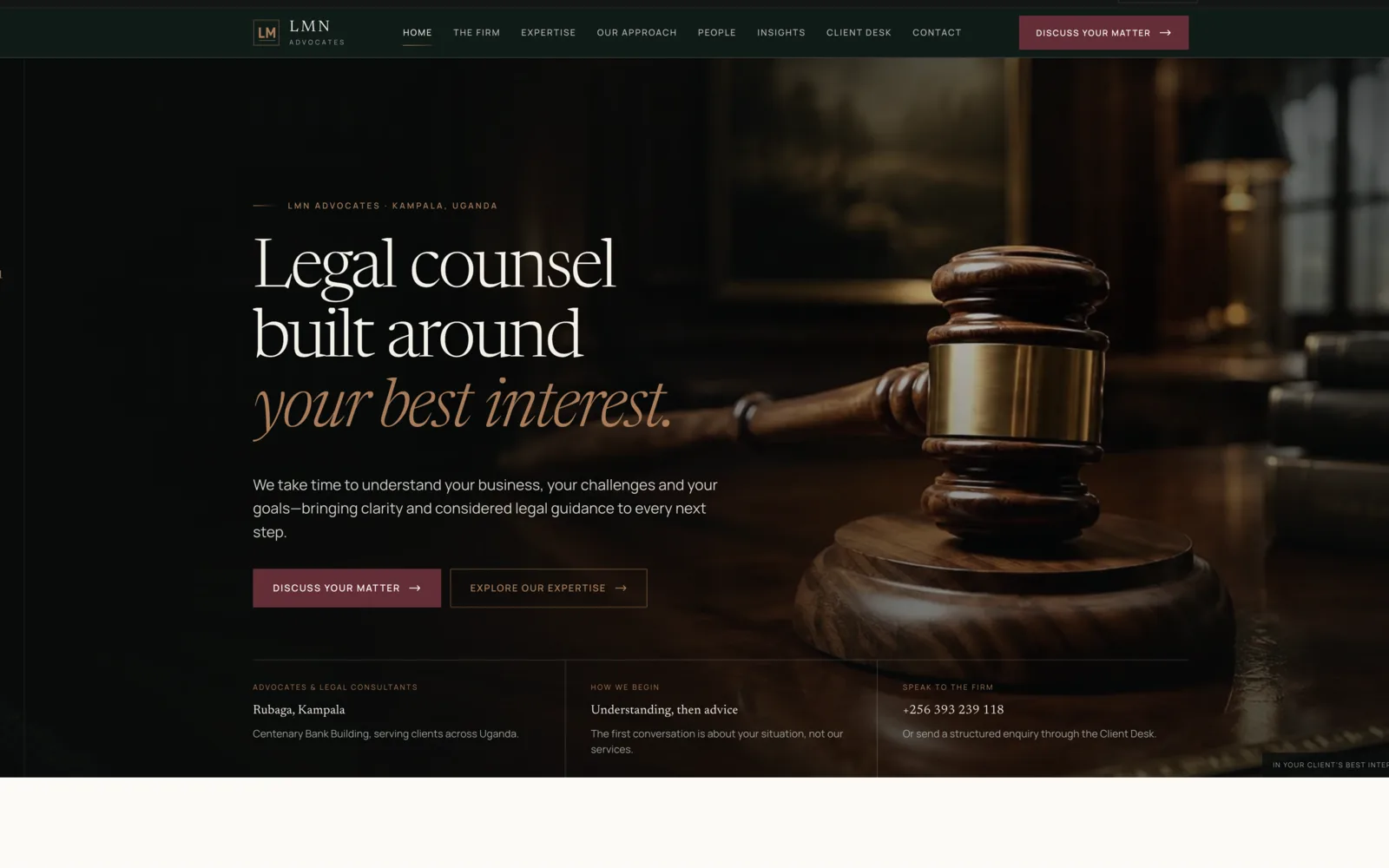 LMN Advocates homepage showing the firm's positioning statement above the practice area navigation