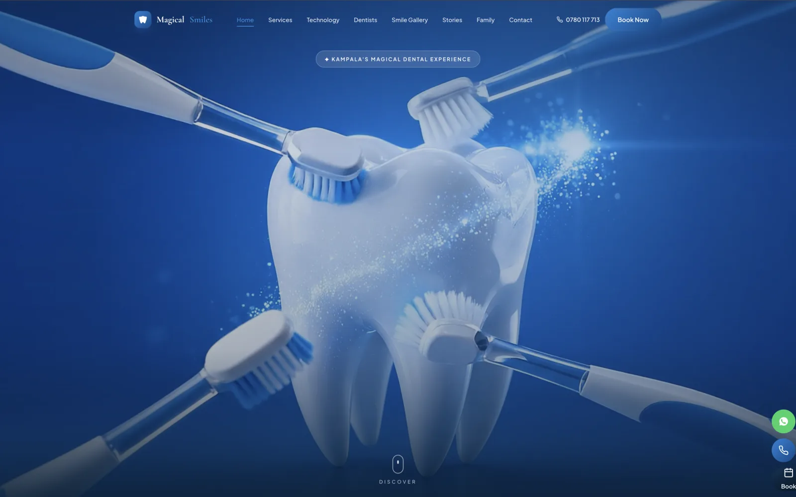 Magical Smiles Dentistry homepage with a warm editorial hero and the appointment booking entry point