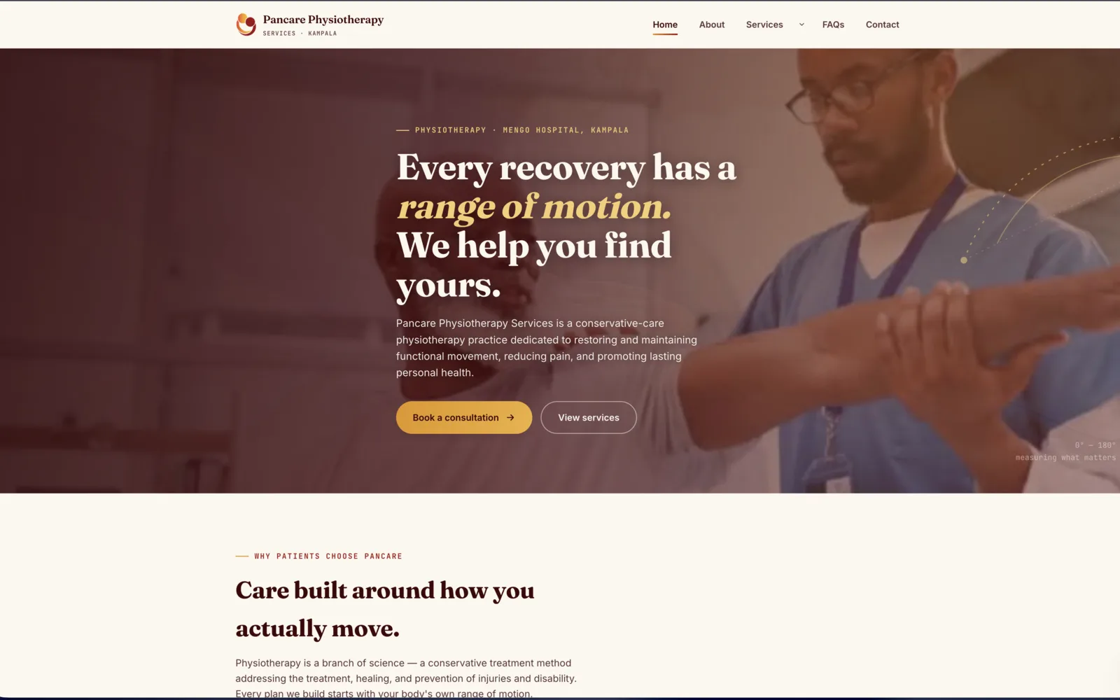 Pancare Physiotherapy homepage showing condition-led service navigation and the Mengo Hospital location detail