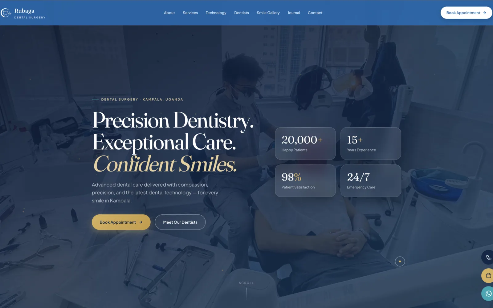Rubaga Dental Surgery homepage showing the treatment finder and the clinic's credibility figures