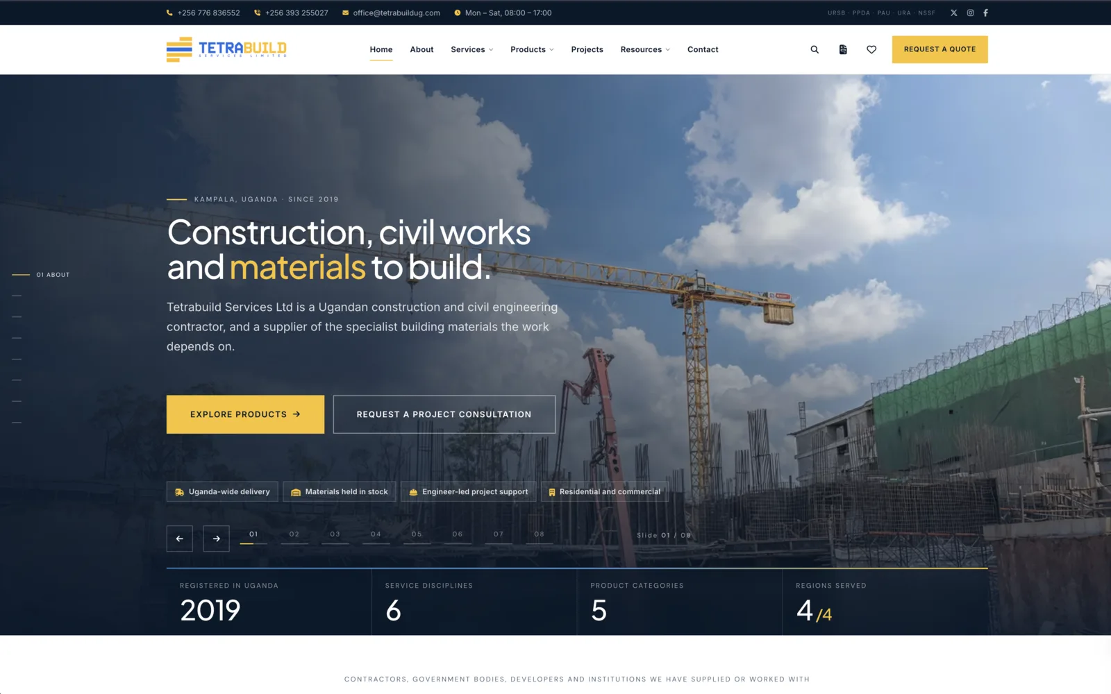 Tetrabuild Services homepage showing the construction hero and the building materials catalogue entry point