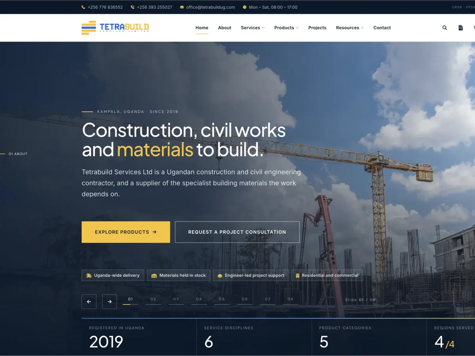 Tetrabuild Services homepage showing the construction hero and the building materials catalogue entry point