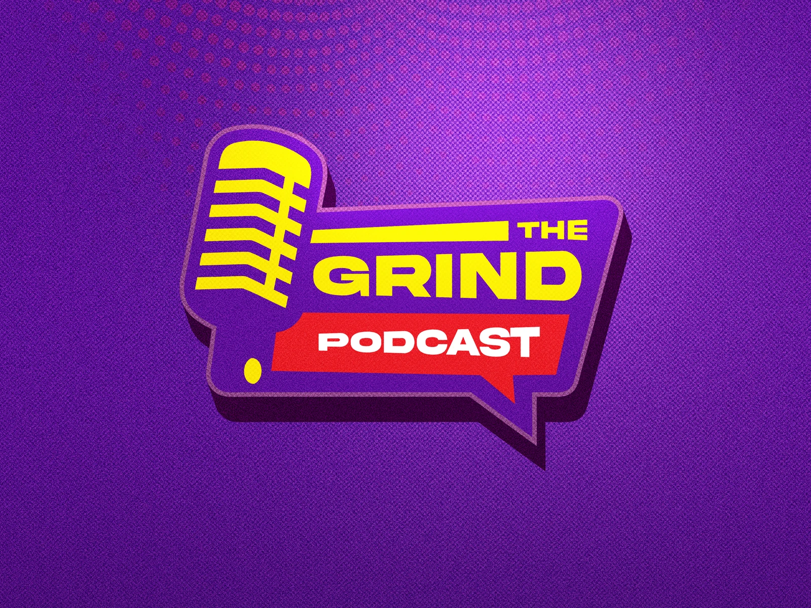 93.3 KFM brand applications: The Grind podcast artwork in violet beside the yellow Easy Sunday event campaign and branded merchandise