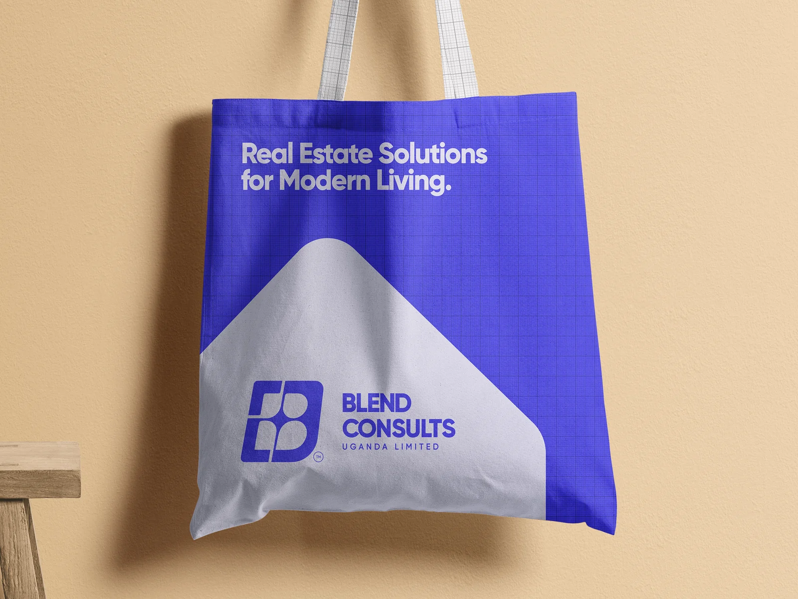 Blend Consults brand identity: interlocking B monogram in white on a cobalt-blue field beside the full company lockup