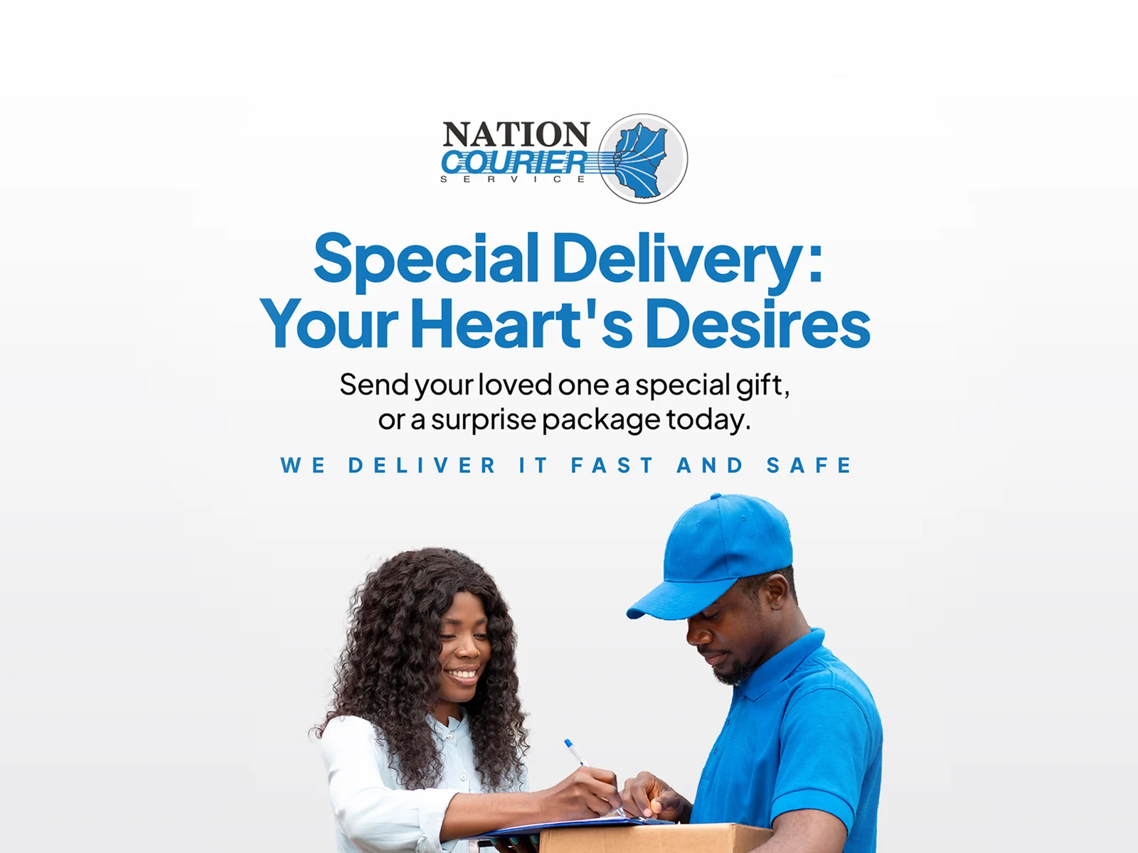 Nation Courier brand applications: the circular courier emblem on a flying banner, pull-up stand and branded apparel in service blue