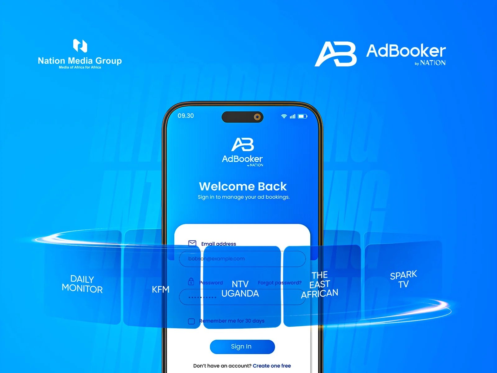Nation Media Group campaign work: the Ad Booker launch artwork with the booking interface on a phone against a deep blue gradient