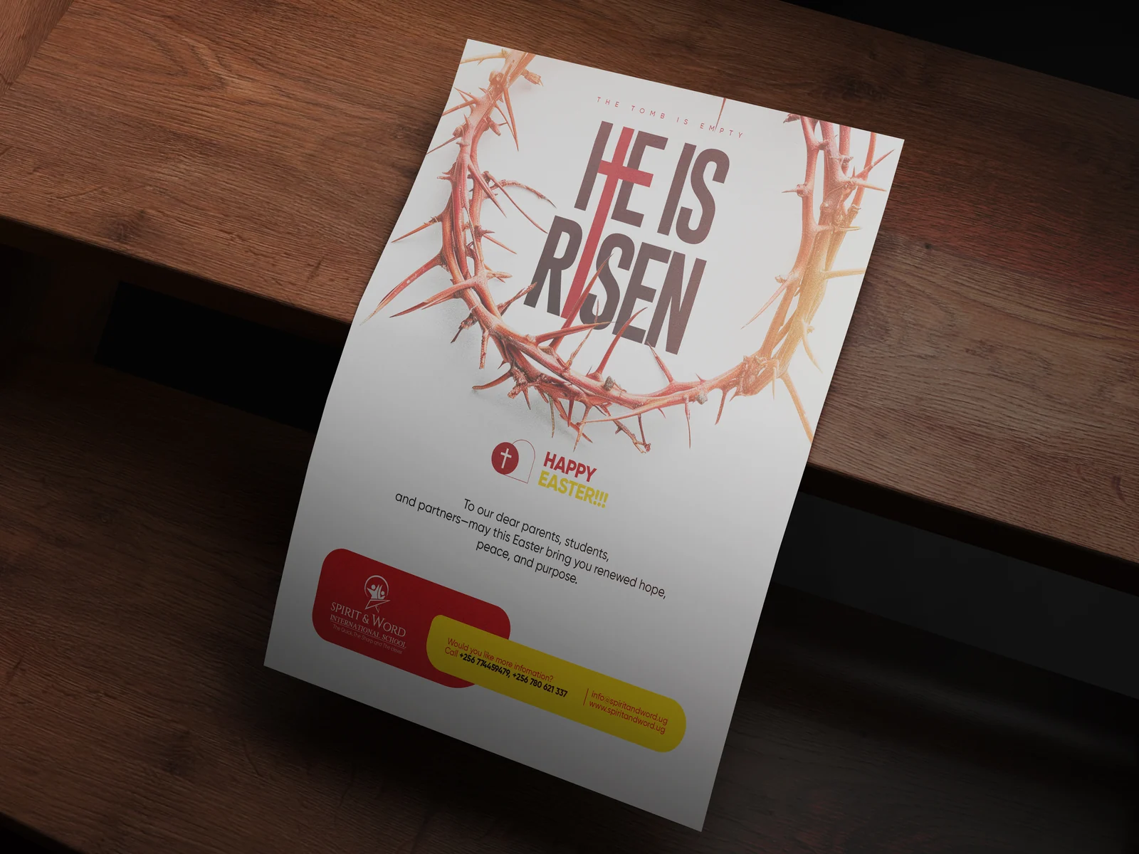 SAWIS and SAWT campaign set: Easter artwork reading He Is Risen beside Women's Day and admissions layouts in a shared red and black palette