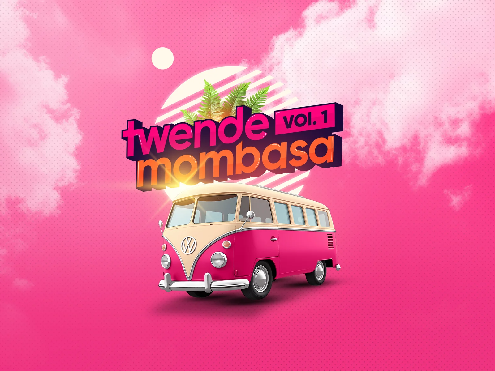 Twende Mombasa key visual: a pink camper van under palms on a pink sky with the campaign logo set above