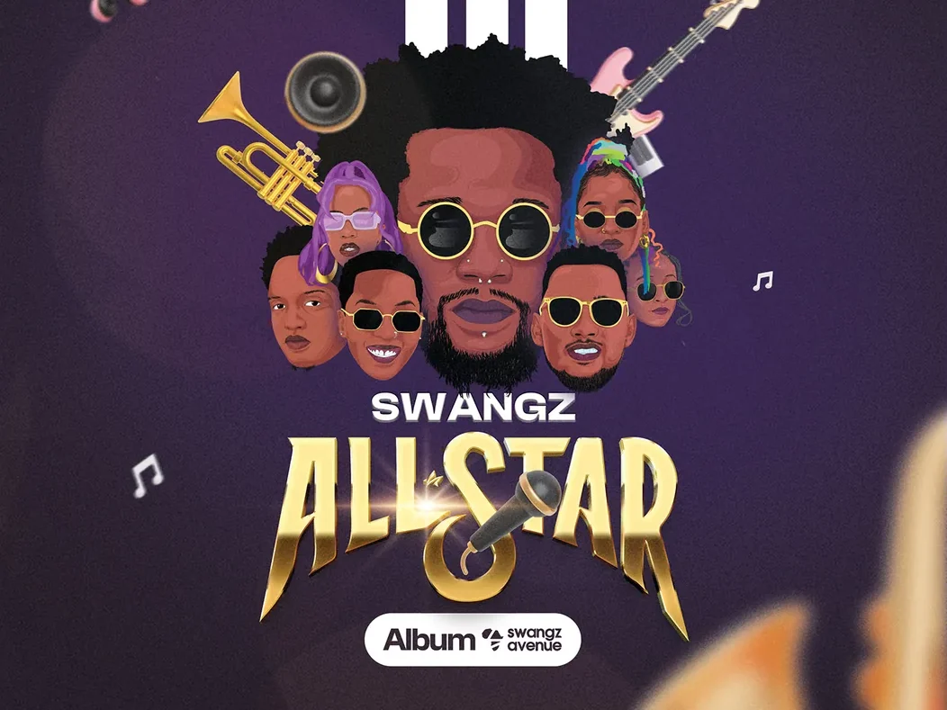 Swangz All Star album artwork shown on a disc and printed sleeve against a deep violet ground
